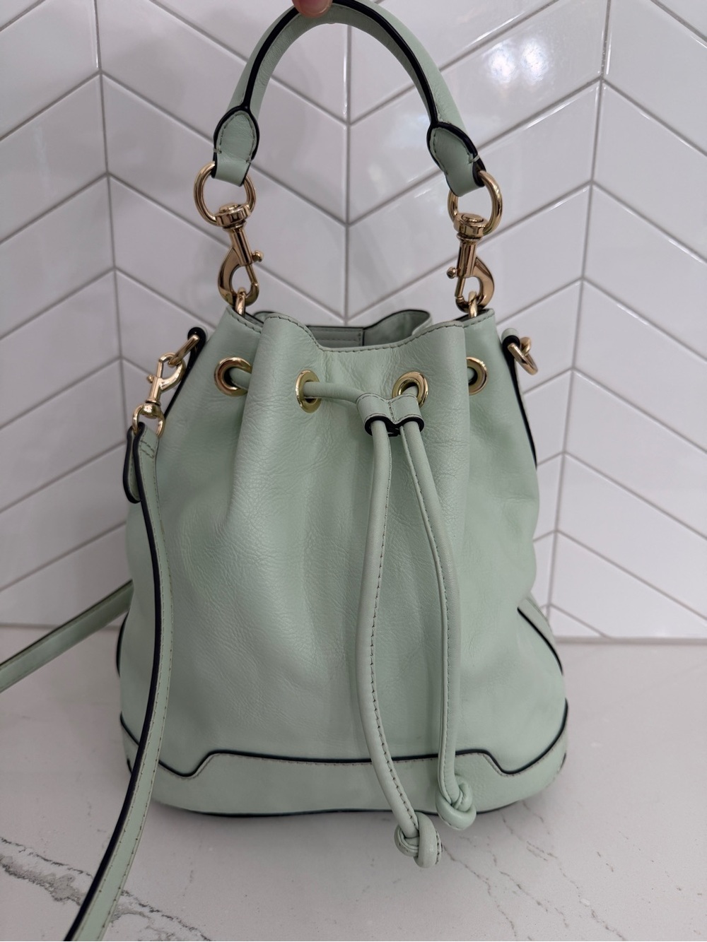 Rebecca Minkoff Pure Leather Women's Mint Green Leather Drawstring Bucket Bag